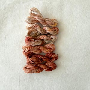 Può includere: Una collezione di sei matassine di filo da ricamo ritorte disposte in una pila verticale. I fili presentano una sfumatura di colori caldi, che passa da un pesca chiaro e pallido in alto a un rosso terracotta profondo e saturo in basso.