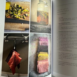 May include: A page from a book detailing the natural dyeing process using banana peels. The image shows a jar with banana peels, fabric samples in various colors, and text describing the process.