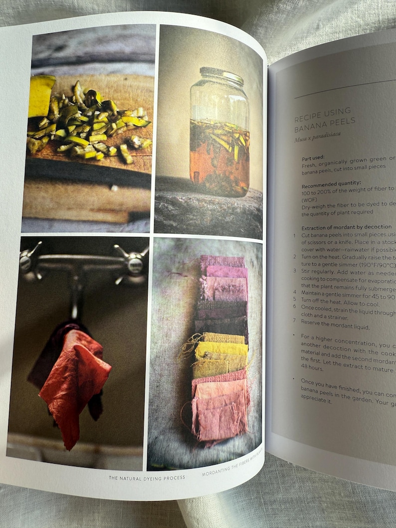 May include: A page from a book detailing the natural dyeing process using banana peels. The image shows a jar with banana peels, fabric samples in various colors, and text describing the process.
