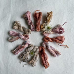 May include: A circular arrangement of embroidery floss in various shades of pink, peach, and beige. The floss is arranged around a small white flower. The background is a plain white fabric, creating a clean and simple aesthetic.