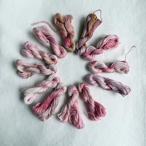 Può includere: Una disposizione circolare di dieci matassine di filo da ricamo, ognuna caratterizzata da palette di colori variegati nelle tonalità del rosa tenue, rosa antico, magenta e sottili accenni di verde spento e marrone dorato, in fasci.