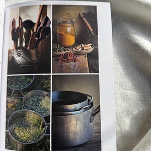 May include: A collage of images featuring kitchen items. Wooden spoons in a metal bucket, a jar of yellow powder, herbs, and spices on a wooden surface, and metal pots filled with herbs. The images are from a cookbook.