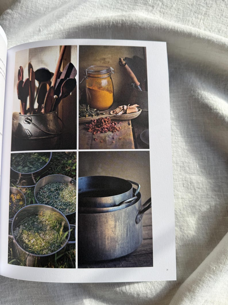 May include: A collage of images featuring kitchen items. Wooden spoons in a metal bucket, a jar of yellow powder, herbs, and spices on a wooden surface, and metal pots filled with herbs. The images are from a cookbook.