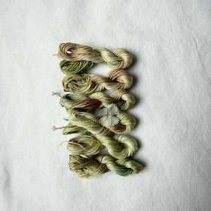 Può includere: Una collezione di sei matassine di filo da ricamo ritorte in varie tonalità di verde salvia, oliva e rosa tenue, disposte in una pila verticale con un piccolo fiore bianco a petali multipli posizionato centralmente tra i fili.
