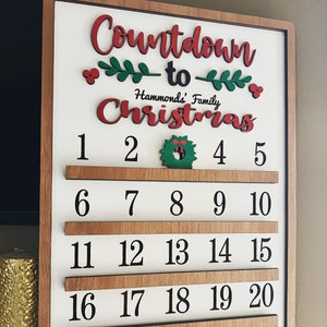 Personalized Christmas Countdown Calendar Sign: Mahogany Wood Xmas Decor