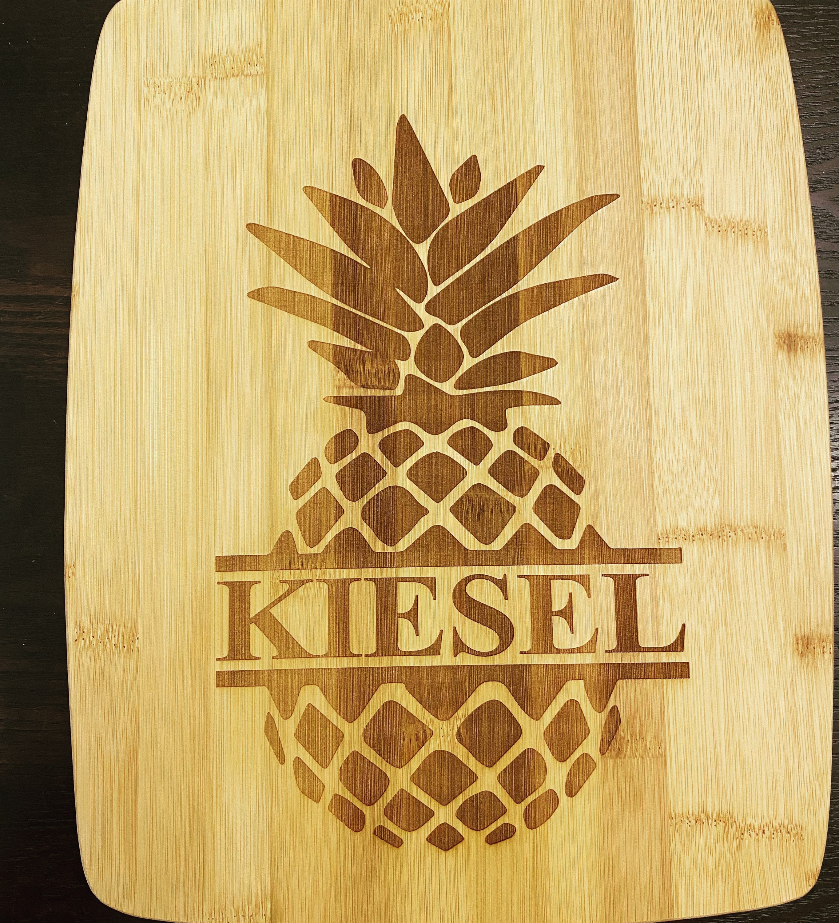 Personalized Bamboo Cutting Board Pineapple, Family Name, Established Year (or Date) in Circle - Medium