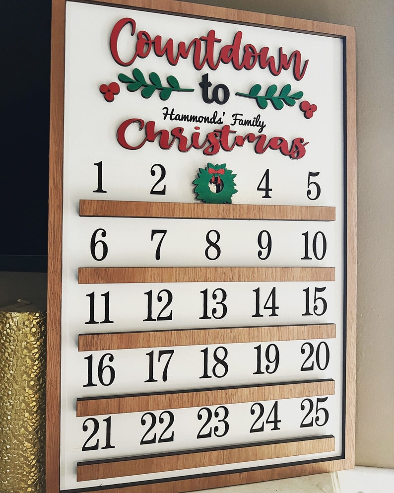 Christmas Countdown Calendar Sign Personalized Advent Calendar Xmas Wall Decor Countdown til Christmas image 1