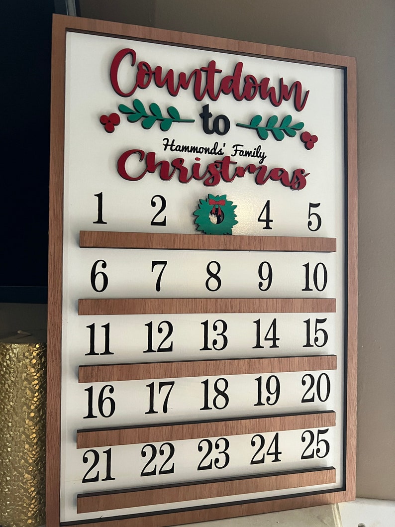 Christmas Countdown Calendar Sign Personalized Advent Calendar Xmas Wall Decor Countdown til Christmas image 3