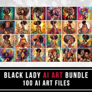 Black Woman AI Art, 100 Colorful Art, Afro Black Girl Art, African American, Digital Download, Black Ladies Bundle, 100 Files