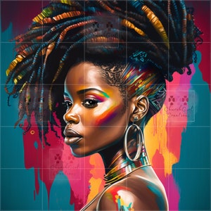 Könnte beinhalten: Ein digitales Gemälde einer Frau mit farbenfrohem Make-up und einer farbenfrohen Afro-Frisur. Der Hintergrund ist eine Mischung aus Blau, Rot, Gelb und Grün.