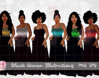 Fashion Illustrations, Afro Ladies Clipart, Black Woman Clipart, Black Girl Clipart, Sublimation, African American, Black Ladies png