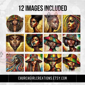 May include: A digital art print featuring 12 images of Black women with vibrant colors and intricate details. Each portrait showcases unique hairstyles, hats, and jewelry. The text "12 IMAGES INCLUDED" and "CHURCHGIRLCREATIONS.ETSY.COM" are also visible.