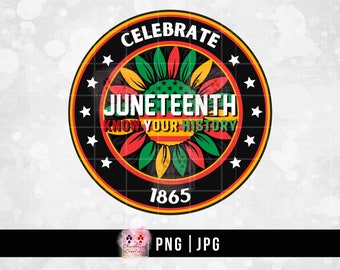 May include: A black and red circular graphic with white stars and the text "Celebrate Juneteenth Know Your History 1865". The graphic features a sunflower with red, yellow, green, and blue petals.