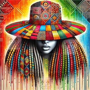 May include: A colorful, abstract portrait of a woman with long, braided hair. She is wearing a wide-brimmed hat with a geometric pattern. The hat and hair are decorated with vibrant colors and patterns.