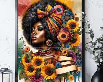 Afro Woman png, Sunflowers png, Black Girl png, Colorful png, Black Woman png, Afro Lady Art, Floral Design png, Sublimate designs