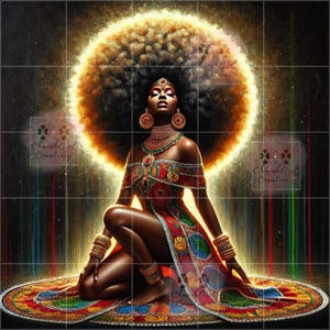 May include: A woman with a large afro hairstyle wears a colorful, beaded dress and jewelry. She is kneeling on a patterned rug with a golden halo behind her.