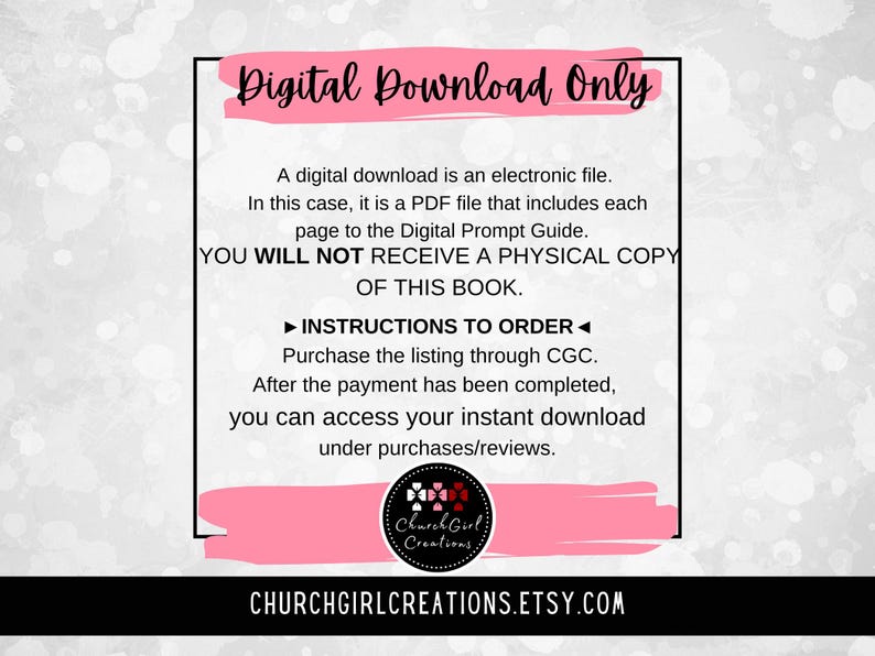 May include: A digital download graphic with the text "Digital Download Only" in pink. The text explains the product is a PDF file and instructions on how to order. The Etsy shop name and URL are at the bottom.