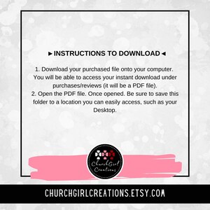 May include: A white background with instructions to download a purchased file. The text includes steps to download and save a PDF file. The image also features a logo and the Etsy shop URL.