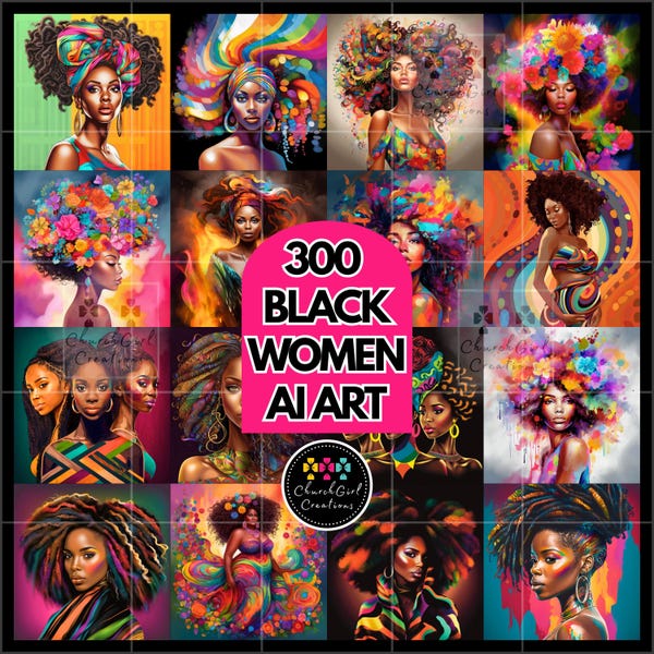 300 schwarze Frau AI Kunst, bunte Kunst, Afro schwarze Mädchenkunst, Afroamerikaner, digitaler Download, schwarze Damen bündeln, 300 Dateien