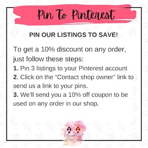 Peut inclure: Graphique rose et blanc avec le texte "Pin To Pinterest" et "Pin Our Listings To Save!"  Pour obtenir une r&eacute;duction de 10% sur toute commande, suivez simplement ces &eacute;tapes : 1. &Eacute;pinglez 3 annonces sur votre compte Pinterest 2. Cliquez sur le lien "Contacter le propri&eacute;taire de la boutique" pour nous envoyer un lien vers vos &eacute;pingles. 3. Nous vous enverrons un coupon de r&eacute;duction de 10% &agrave; utiliser sur toute commande dans notre boutique. Le graphique comprend &eacute;galement le texte "Church Girl Creations".