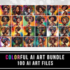 100 Colorful Art Bundle, Black Woman AI Art, Afro Black Girl Art, African American, Digital Download, Black Ladies Bundle, 100 Files