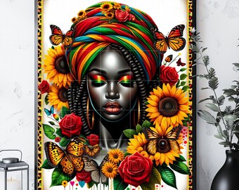 Afro Woman png, Sunflowers png, Black Girl png, Colorful jpg, Black Woman png, Afro Lady Art, Floral Design png, Sublimate designs