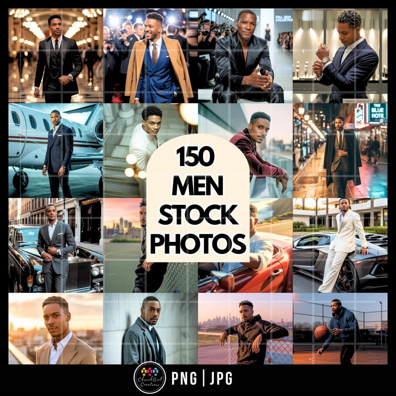May include: A collage of images featuring men in various settings. The images showcase men in suits, casual wear, and formal attire. The text "150 MEN STOCK PHOTOS" is prominently displayed in the center, with "PNG | JPG" at the bottom.