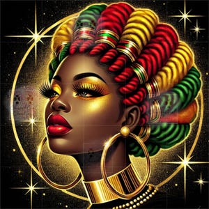 May include: Digital art portrait of a Black woman with vibrant makeup and colorful hair. Her hair is styled in a unique pattern with red, yellow, and green hues. She wears large gold hoop earrings and a gold collar. The background is black with gold accents.