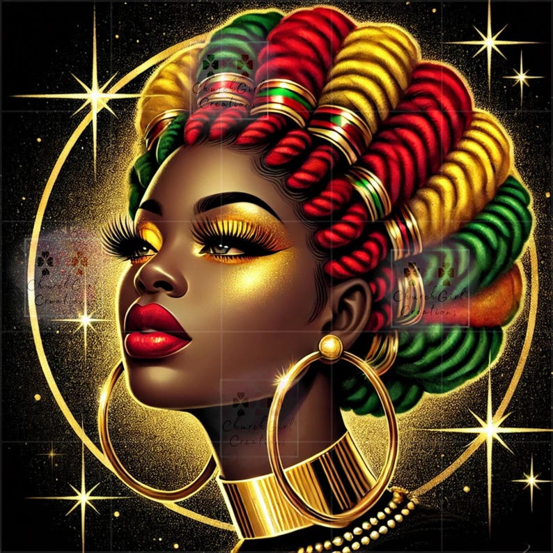 May include: Digital art portrait of a Black woman with vibrant makeup and colorful hair. Her hair is styled in a unique pattern with red, yellow, and green hues. She wears large gold hoop earrings and a gold collar. The background is black with gold accents.