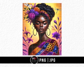 Afro Woman png, purple flowers png, Black Girl png, Colorful jpg, Black Woman png, Afro Lady Art, Floral Design png, Sublimate designs