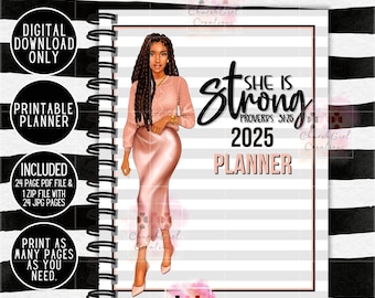 Black Girl planner, planner 2025, She Is Strong planner, African American planner 2025, Black Woman, Proverbs 31:25 Digital PDF
