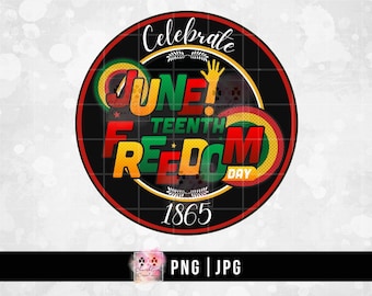 May include: A black circle with a red border and the words "Celebrate Juneteenth Freedom Day 1865" in a colorful, comic book style font. The circle is on a white background with a subtle texture.