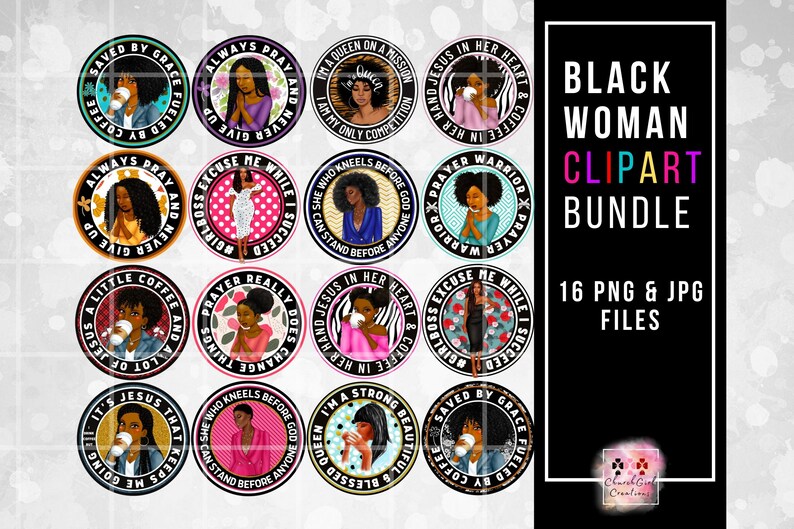 Peut inclure: Un ensemble de 16 images clipart num&eacute;riques repr&eacute;sentant des femmes noires avec des citations inspirantes. Les images sont en format circulaire avec des arri&egrave;re-plans color&eacute;s et des accents floraux. Les citations incluent "Sauv&eacute;e par la gr&acirc;ce, aliment&eacute;e par le caf&eacute;", "Prie toujours et n'abandonne jamais", "Je suis une reine en mission", "La main de J&eacute;sus dans son c&oelig;ur et le caf&eacute; dans sa main", "Guerri&egrave;re de la pri&egrave;re", "Patron excuse-moi pendant que je r&eacute;ussis", "La pri&egrave;re change vraiment les choses", "La main de J&eacute;sus dans son c&oelig;ur et le caf&eacute; dans sa main", "Je suis une reine forte et b&eacute;nie", "C'est J&eacute;sus qui me fait avancer", "Elle qui s'agenouille devant Dieu peut se tenir devant n'importe qui", "Sauv&eacute;e par la gr&acirc;ce, aliment&eacute;e par le caf&eacute;".