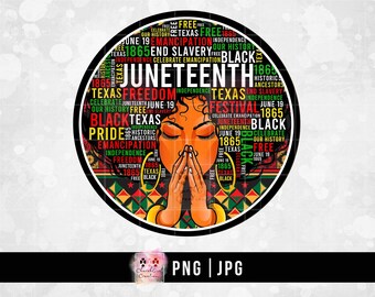 May include: Circular graphic with a Black woman's face and hands in prayer, surrounded by words like "Juneteenth," "Freedom," and "Black." The design incorporates red, green, and yellow colors, celebrating the historic emancipation.