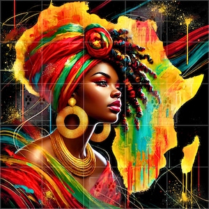 Può includere: Ritratto d'arte digitale vibrante di una donna con un colorato copricapo e gioielli d'oro. Lo sfondo presenta una mappa dell'Africa e spruzzi di colore astratti, tra cui rosso, giallo e verde. L'opera ha uno stile audace e artistico.