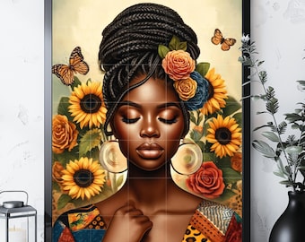 Afro Woman png, Sunflowers png, Black Girl png, Colorful jpg, Black Woman png, Afro Lady Art, Floral Design png, Sublimate designs