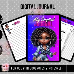 Pode incluir: Um diário digital com 30 páginas para usar com Goodnotes e Noteshelf. A capa apresenta uma ilustração de desenho animado de uma mulher negra com dreadlocks vestindo um traje de ganga. O texto "My Digital Journal" está em vermelho e branco.