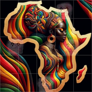 May include: A colorful abstract portrait of a woman with a head wrap and jewelry, set against a black background with a gold outline of the continent of Africa.