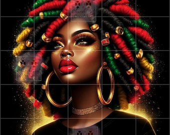 May include: A digital illustration of a woman with long, colorful dreadlocks. Her hair is styled with red, green, and yellow accents. She is wearing gold hoop earrings and a gold choker necklace. The background is a black and gold glitter effect.