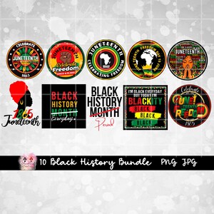 May include: A set of 10 digital designs celebrating Black History Month and Juneteenth. The designs feature various text and graphics in black, red, green, and yellow. The text includes "Black History Month", "Juneteenth", "Blackity", and "Celebrate Freedom".