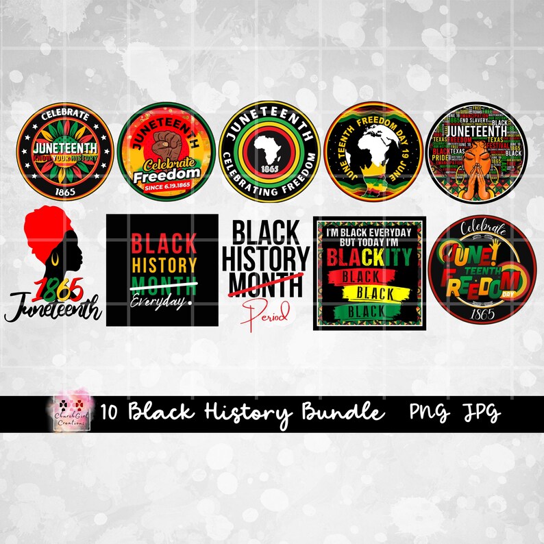 May include: A set of 10 digital designs celebrating Black History Month and Juneteenth. The designs feature various text and graphics in black, red, green, and yellow. The text includes "Black History Month", "Juneteenth", "Blackity", and "Celebrate Freedom".