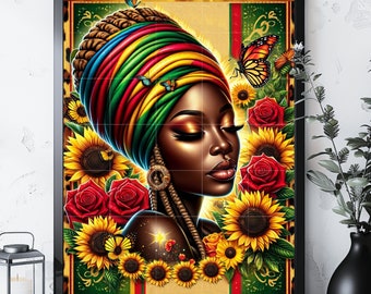 Afro Woman Art: Sunflowers, Floral Design (PNG, JPG)