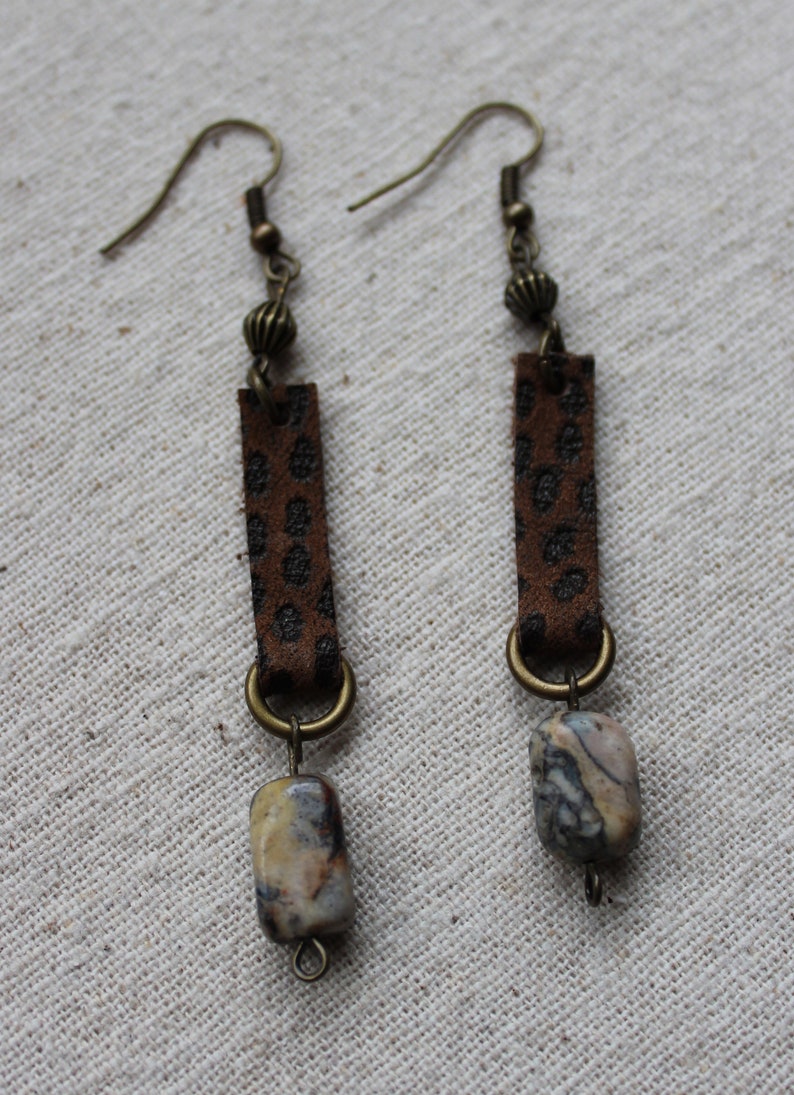 Upcycled brown spotted leather and gemstone dangle earrings