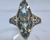 Edwardian Aquamarine Diamond 14KW Filigree Ring