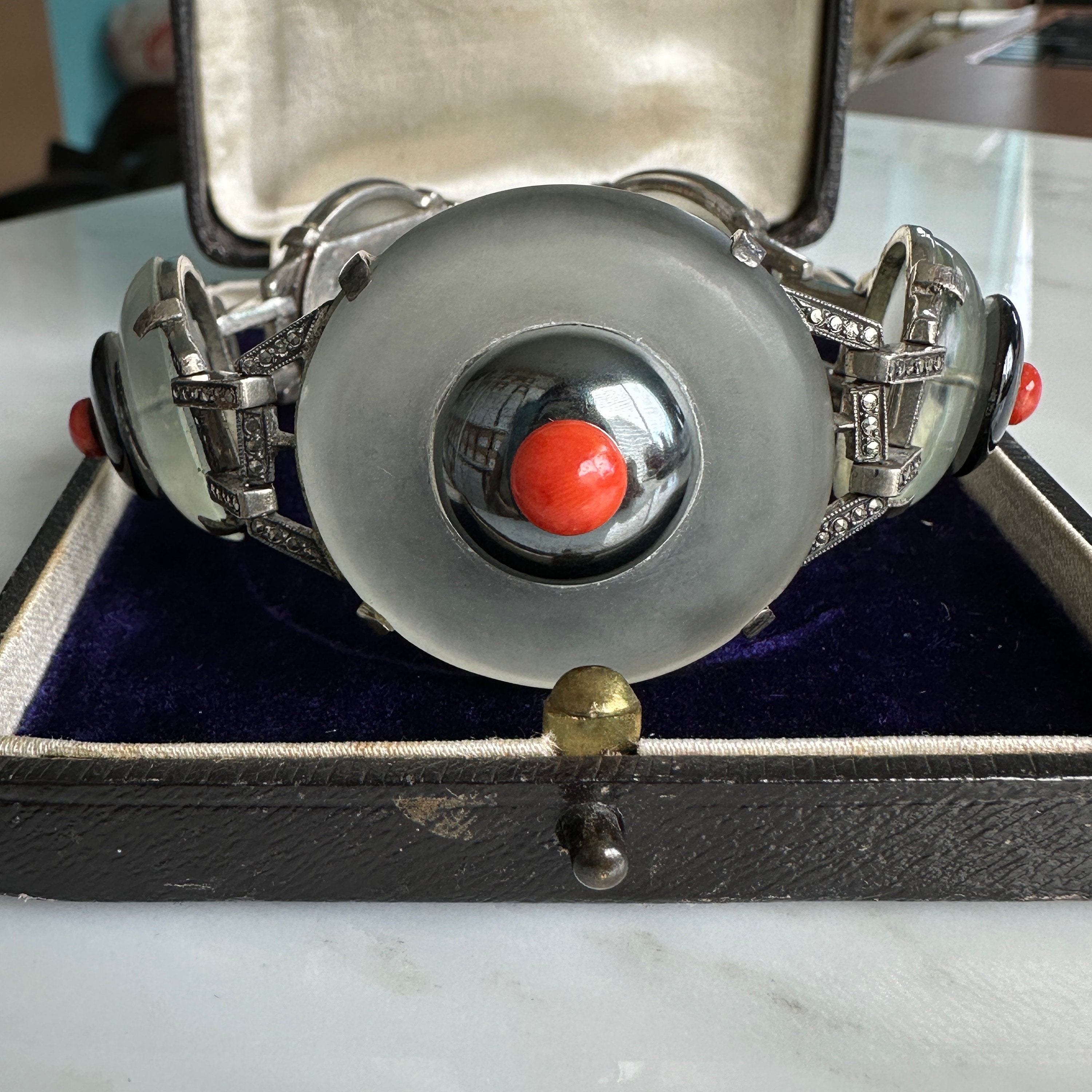 Art Deco Rock Crystal, Coral & Marcasite Silver Bracelet - Etsy
