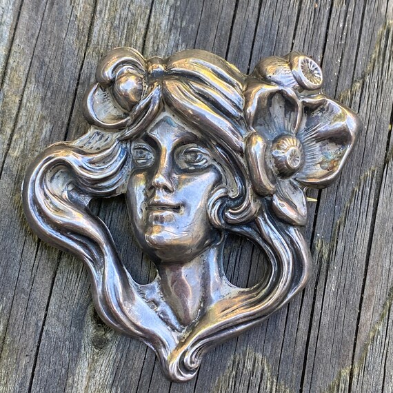 Art Nouveau Lady Sterling Brooch Pin - image 4