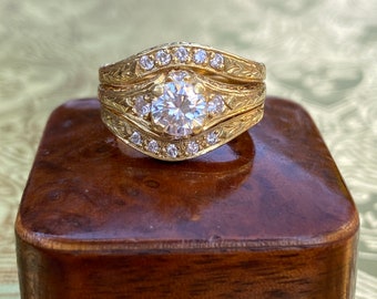 Vintage Engraved Filigree .98ct Diamond 18K Ring
