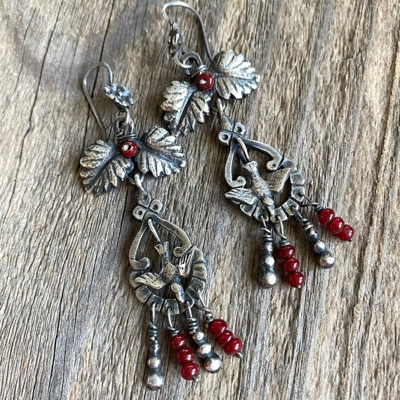 Vintage Silver Bird & Flower Chandelier Earrings - image 5