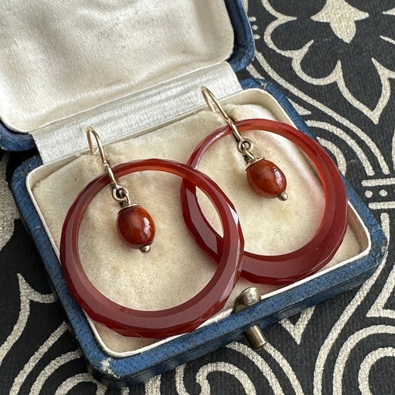 Victorian Carnelian Faceted 1" Hoop 9K Earrings - image 1