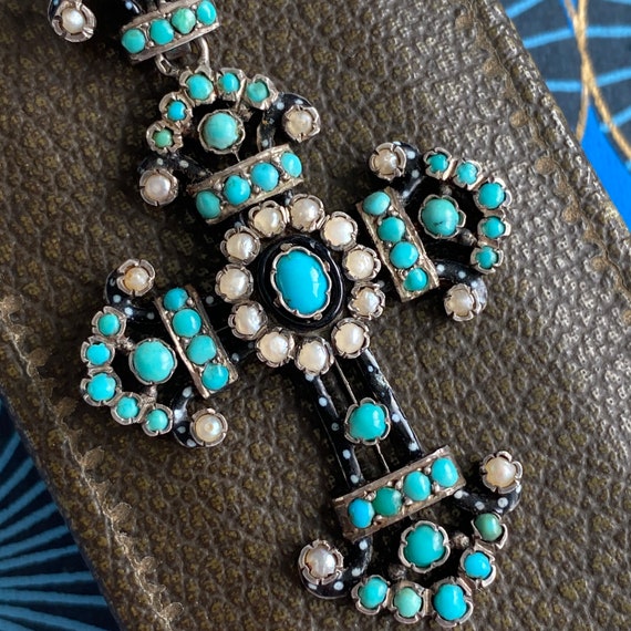 Austro-Hungarian Turquoise Pearl Silver Cross - image 5